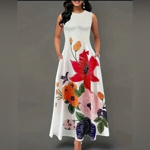 Floral A-Line Midi Dress Sleeveless Spring Summer Vacation Size M